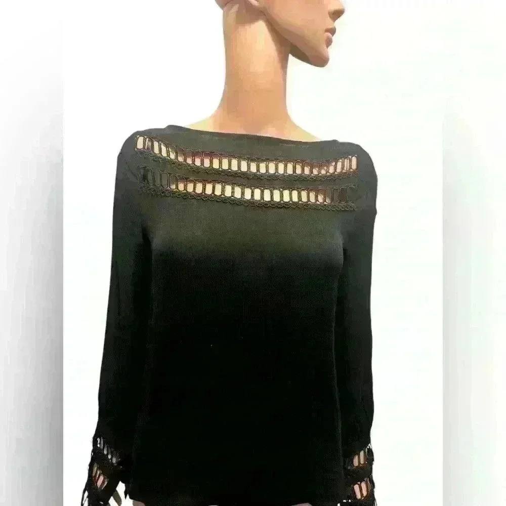The Addison Story-black Silk blouse, cuffed lace detailed sleeves. Size P